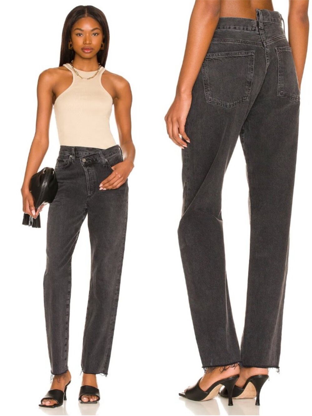 AGOLDE Criss Cross Straight Leg Raw Hem Black Jeans Sz 31 Designer Denim Chic